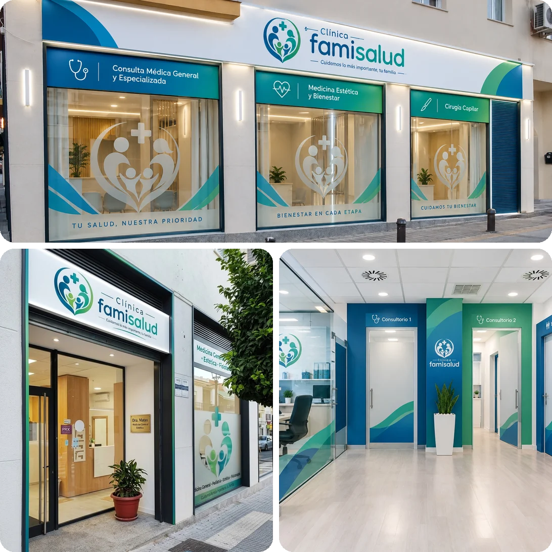 Instalaciones de la Clínica Famisalud: fachada, entrada y pasillo de consultorios